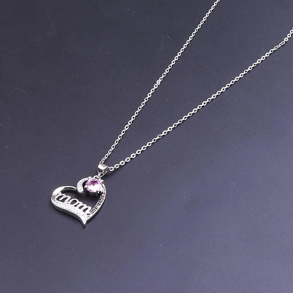 UEUC I LOVE YOU Mom Birth Stones Necklace, Silver Love Heart Pendant Necklace for Mom, Necklace Gift for Mother with 18'' 2'' Chain