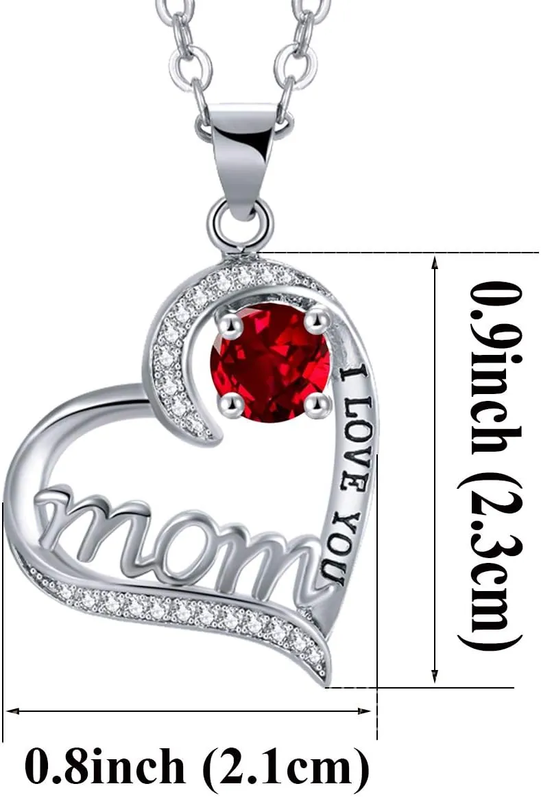 UEUC I LOVE YOU Mom Birth Stones Necklace, Silver Love Heart Pendant Necklace for Mom, Necklace Gift for Mother with 18'' 2'' Chain