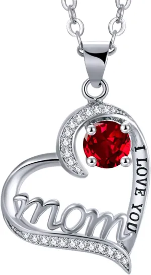 UEUC I LOVE YOU Mom Birth Stones Necklace, Silver Love Heart Pendant Necklace for Mom, Necklace Gift for Mother with 18'' 2'' Chain