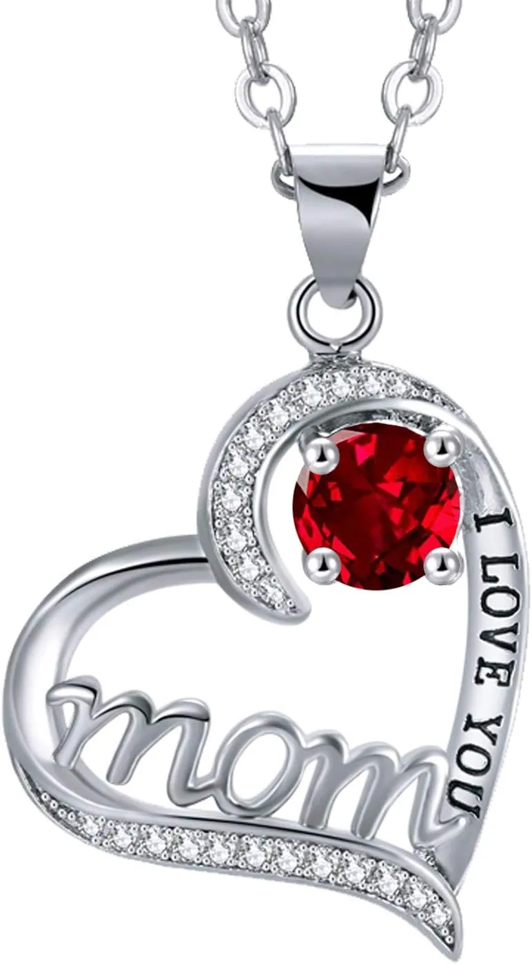 UEUC I LOVE YOU Mom Birth Stones Necklace, Silver Love Heart Pendant Necklace for Mom, Necklace Gift for Mother with 18'' 2'' Chain