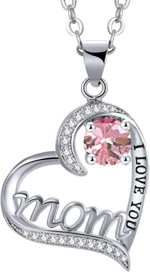UEUC I LOVE YOU Mom Birth Stones Necklace, Silver Love Heart Pendant Necklace for Mom, Necklace Gift for Mother with 18'' 2'' Chain