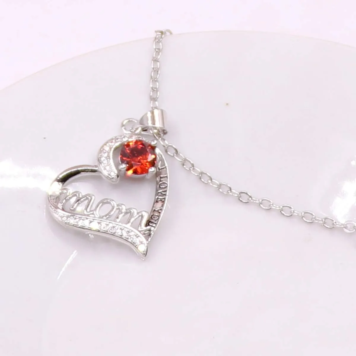 UEUC I LOVE YOU Mom Birth Stones Necklace, Silver Love Heart Pendant Necklace for Mom, Necklace Gift for Mother with 18'' 2'' Chain