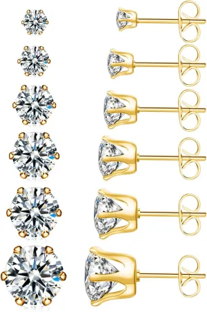 UHIBROS 6 Pairs Stainless Steel Stud Earrings Set Hypoallergenic Cubic Zirconia 14K White Gold 316L CZ Earrings
