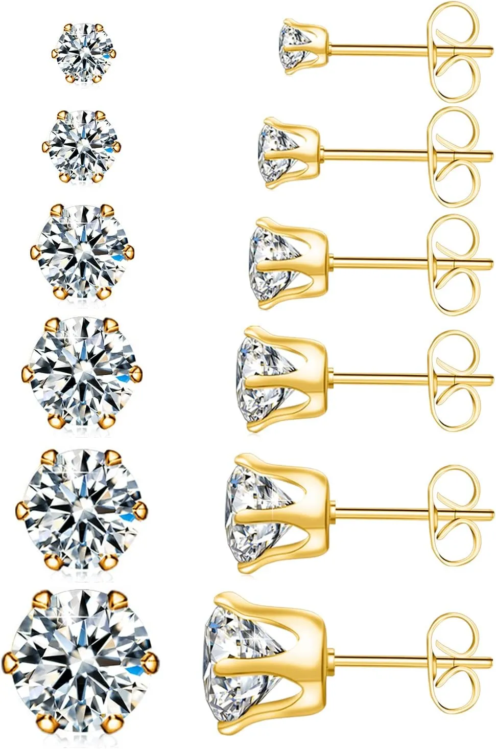 UHIBROS 6 Pairs Stainless Steel Stud Earrings Set Hypoallergenic Cubic Zirconia 14K White Gold 316L CZ Earrings