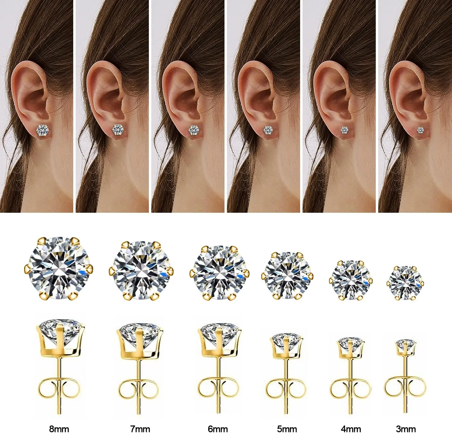 UHIBROS 6 Pairs Stainless Steel Stud Earrings Set Hypoallergenic Cubic Zirconia 14K White Gold 316L CZ Earrings