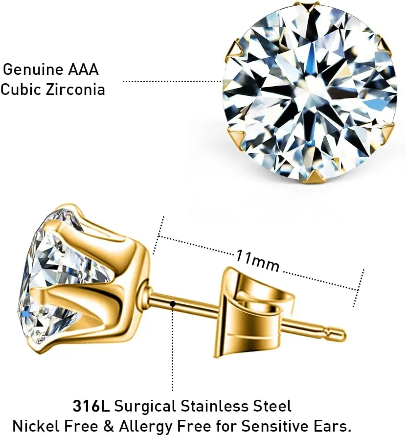 UHIBROS 6 Pairs Stainless Steel Stud Earrings Set Hypoallergenic Cubic Zirconia 14K White Gold 316L CZ Earrings