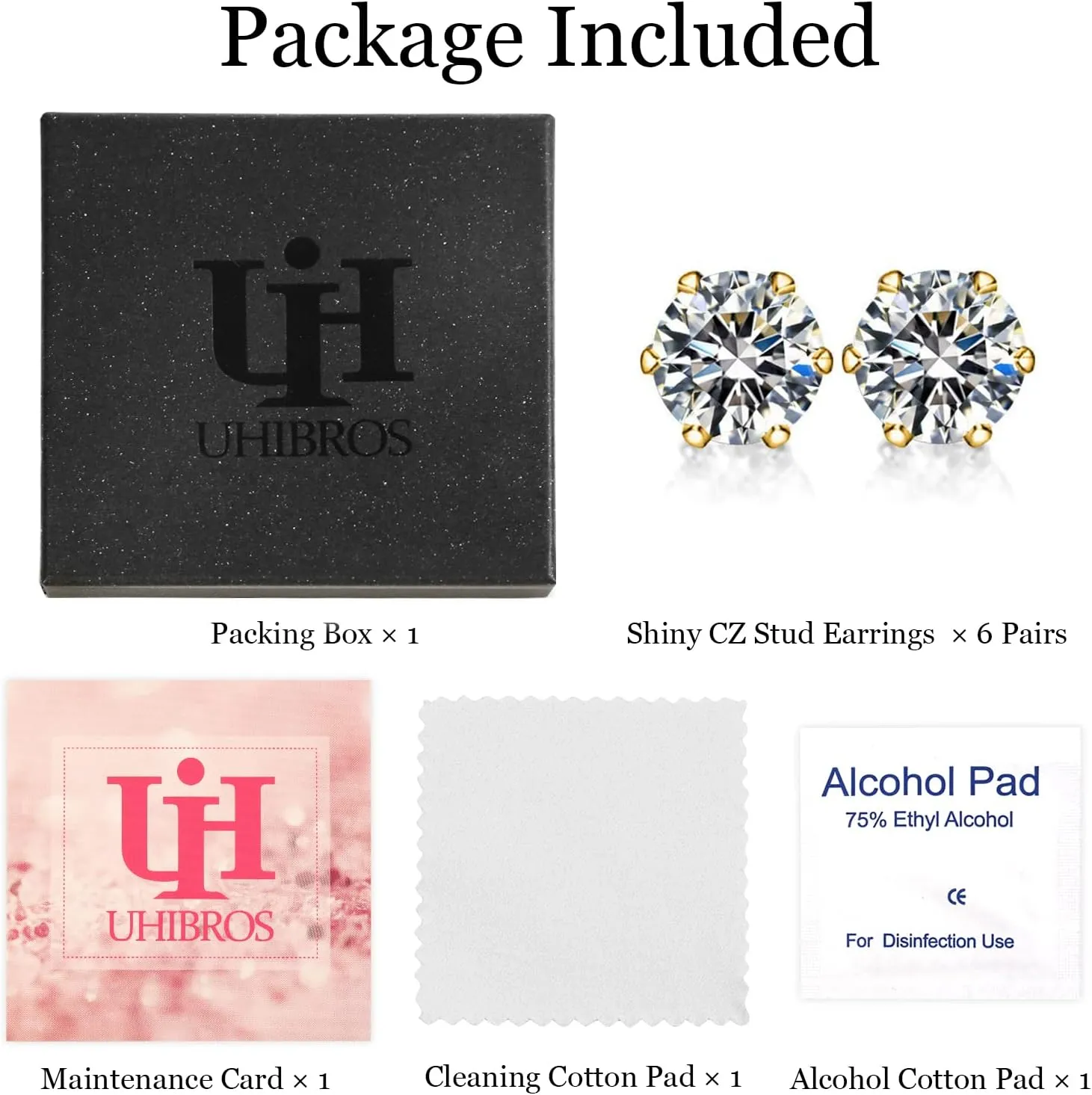 UHIBROS 6 Pairs Stainless Steel Stud Earrings Set Hypoallergenic Cubic Zirconia 14K White Gold 316L CZ Earrings