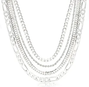 UILZ Solid 925 Sterling Silver Necklace 4pcs Silver Necklace Set with Silver Rope Figaro Cuban Link Chain 16 18 20 22 Inch Men Jewelry Gifts for Dad Husband