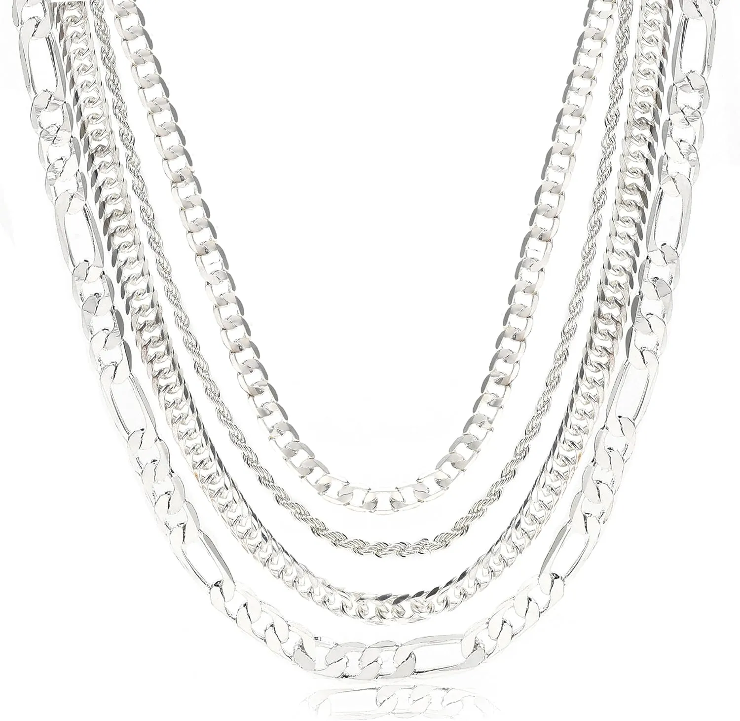 UILZ Solid 925 Sterling Silver Necklace 4pcs Silver Necklace Set with Silver Rope Figaro Cuban Link Chain 16 18 20 22 Inch Men Jewelry Gifts for Dad Husband