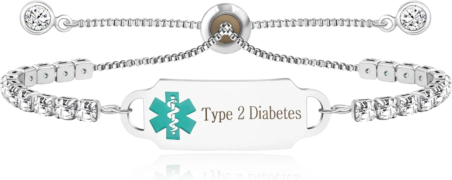 Uloveido Customized Medical Alert ID Tag Health Alert Medical Bracelets Adustable with Cubic Zirconia Tennis Chain