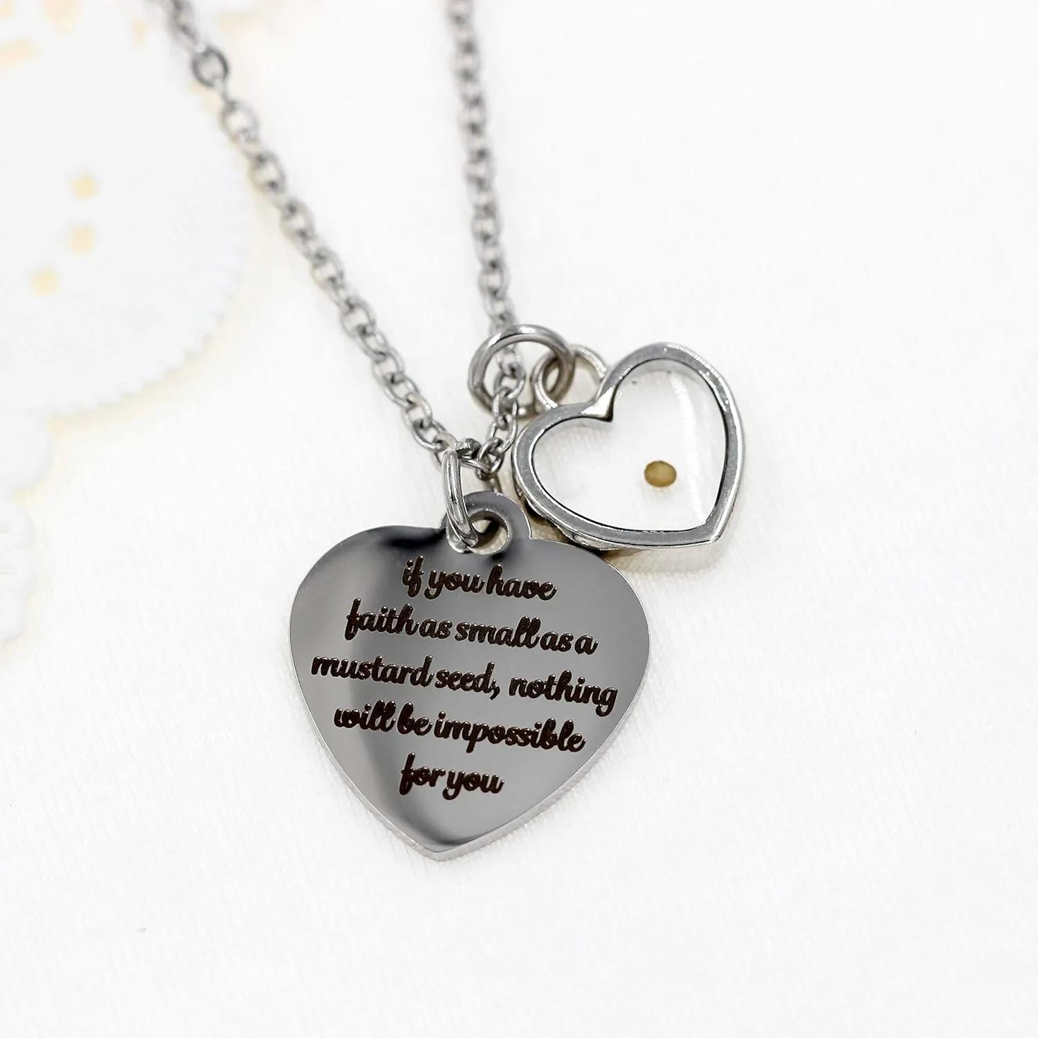 Uloveido Stainless Steel Heart Pendant Christian Faith Mustard Seed Bible Scripture Lettering Necklaces Religious Gift