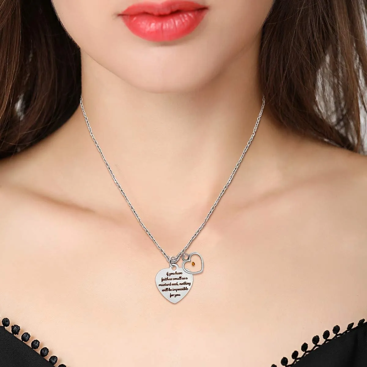 Uloveido Stainless Steel Heart Pendant Christian Faith Mustard Seed Bible Scripture Lettering Necklaces Religious Gift
