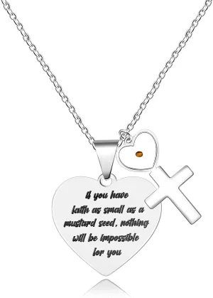 Uloveido Stainless Steel Heart Pendant Christian Faith Mustard Seed Bible Scripture Lettering Necklaces Religious Gift