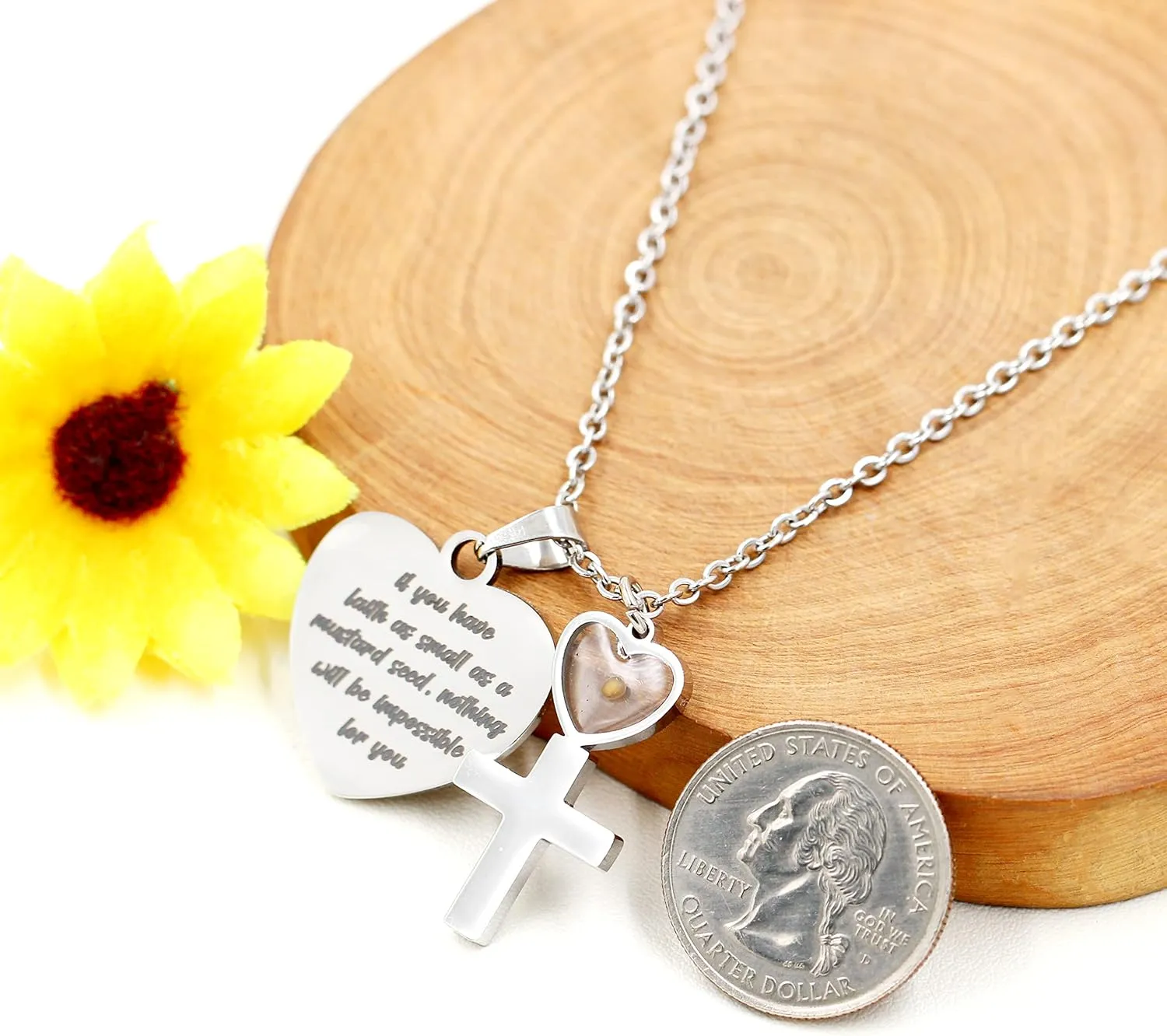 Uloveido Stainless Steel Heart Pendant Christian Faith Mustard Seed Bible Scripture Lettering Necklaces Religious Gift