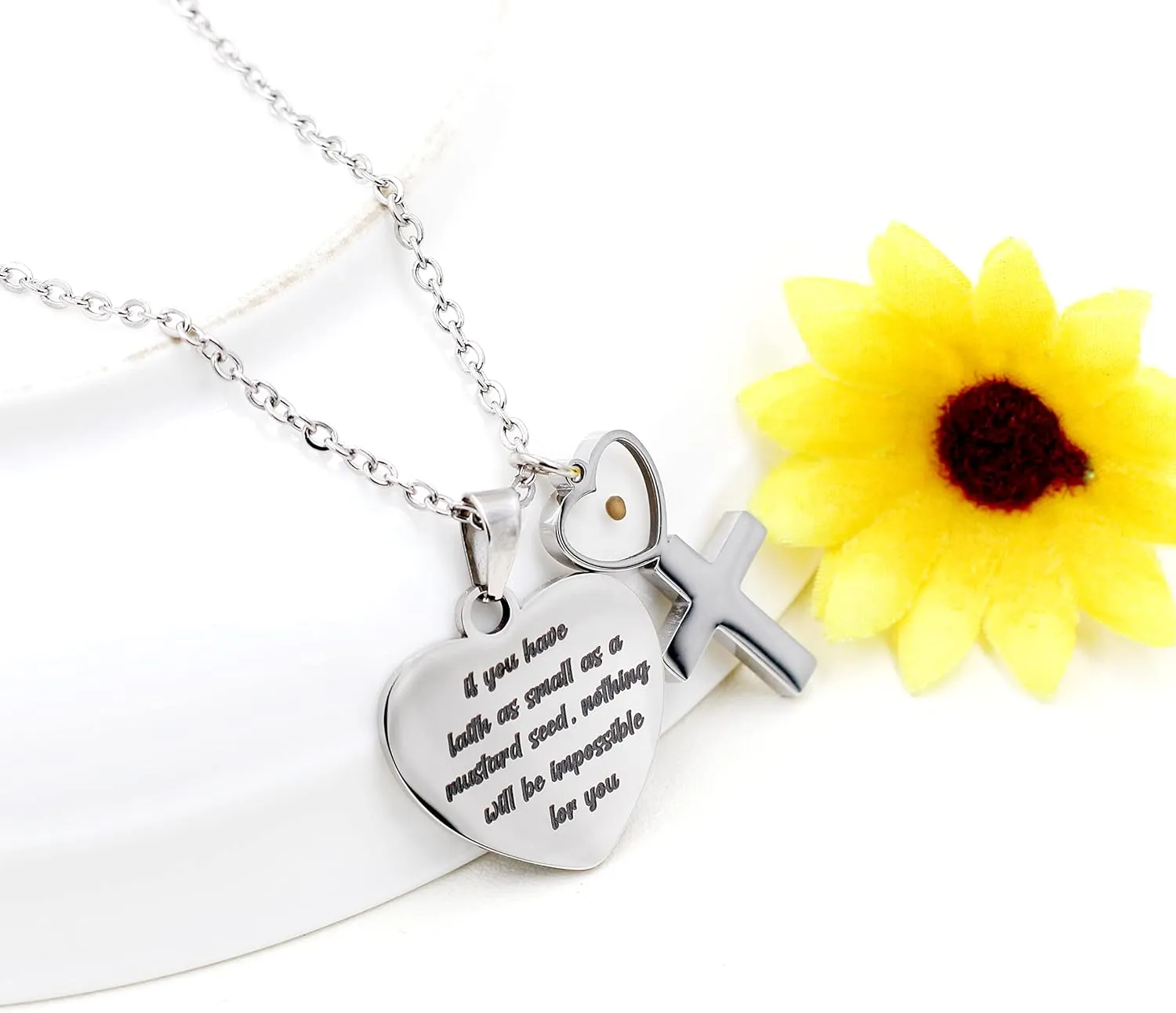 Uloveido Stainless Steel Heart Pendant Christian Faith Mustard Seed Bible Scripture Lettering Necklaces Religious Gift
