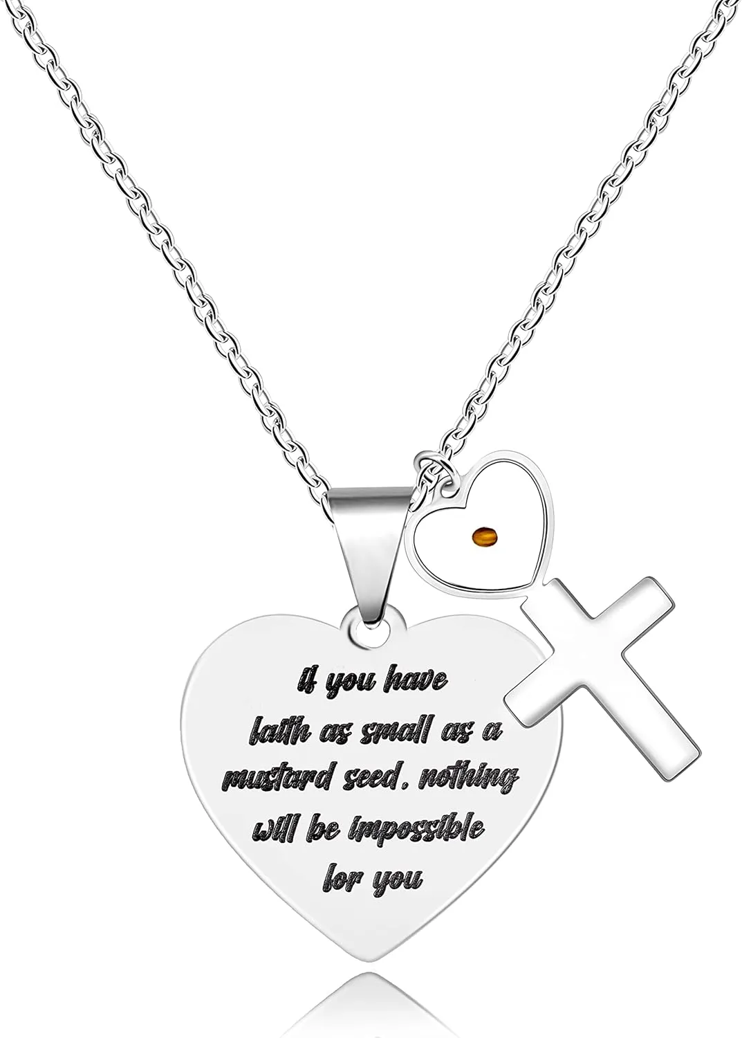 Uloveido Stainless Steel Heart Pendant Christian Faith Mustard Seed Bible Scripture Lettering Necklaces Religious Gift