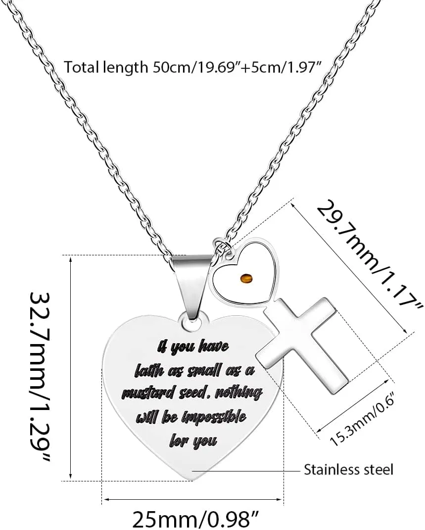 Uloveido Stainless Steel Heart Pendant Christian Faith Mustard Seed Bible Scripture Lettering Necklaces Religious Gift