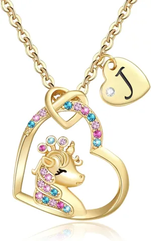 Unicorn Gifts for Girls, 18K Gold Plated CZ Heart Unicorn Initial Necklace for Girls Aged 3 and Up