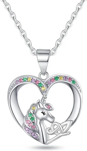Unicorn Necklaces - Silver Cursive Initial Necklace with CZ Heart Pendant for Girls & Teen Girls