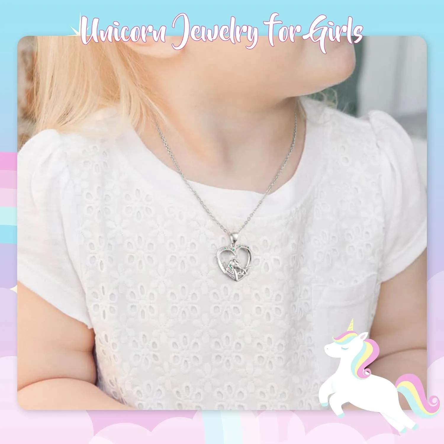 Unicorn Necklaces - Silver Cursive Initial Necklace with CZ Heart Pendant for Girls & Teen Girls