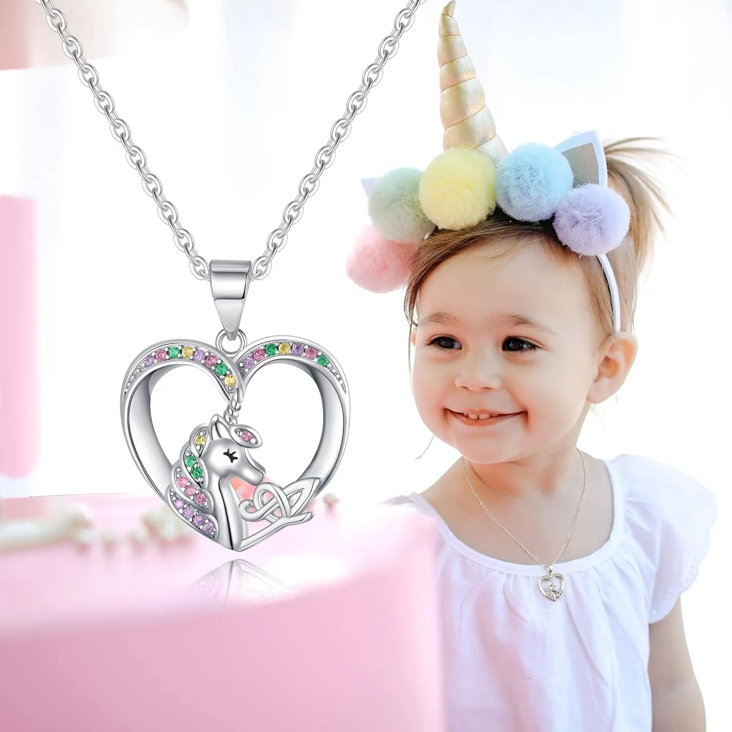 Unicorn Necklaces - Silver Cursive Initial Necklace with CZ Heart Pendant for Girls & Teen Girls