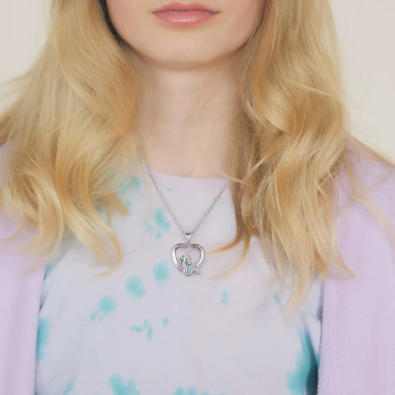 Unicorn Necklaces - Silver Cursive Initial Necklace with CZ Heart Pendant for Girls & Teen Girls