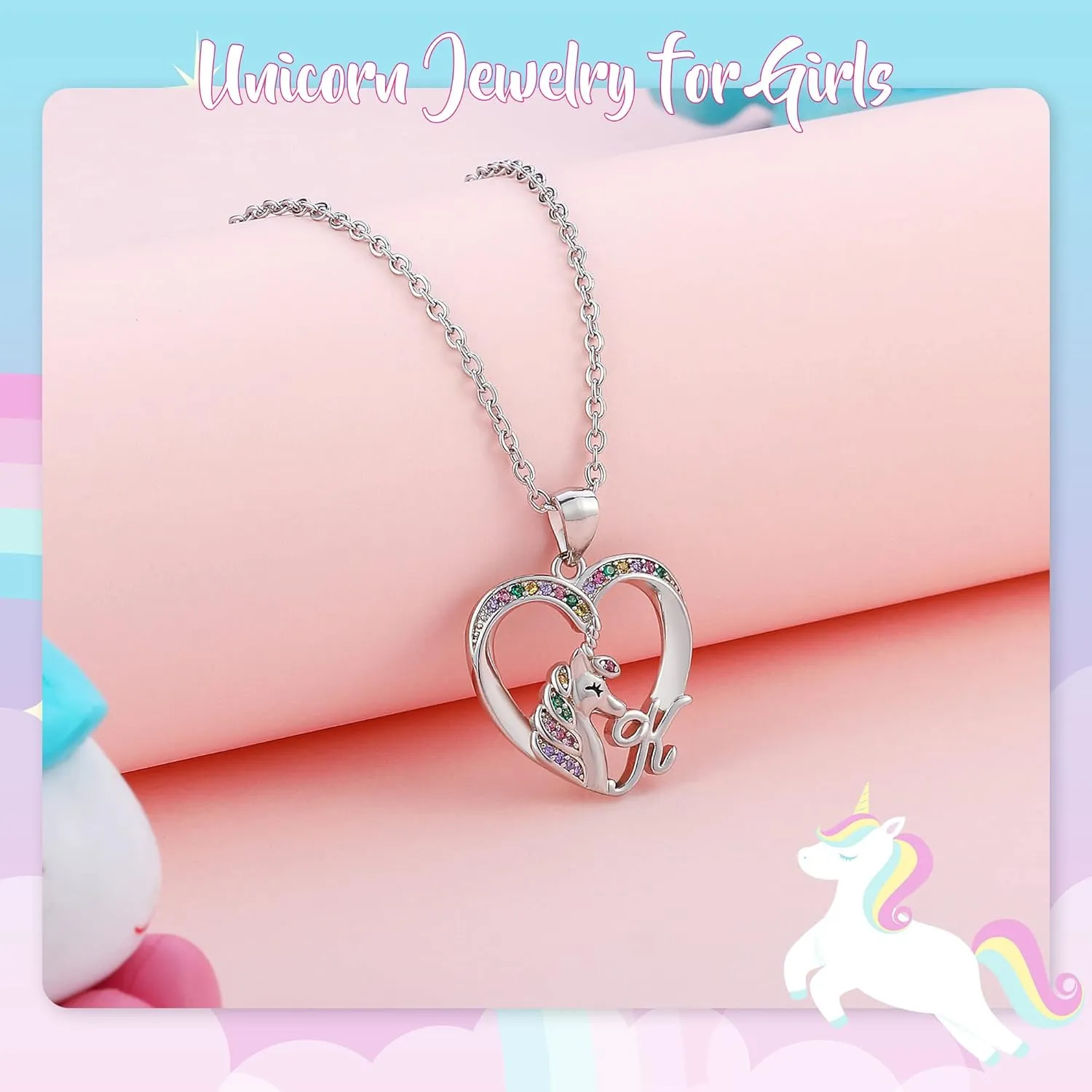 Unicorn Necklaces - Silver Cursive Initial Necklace with CZ Heart Pendant for Girls & Teen Girls