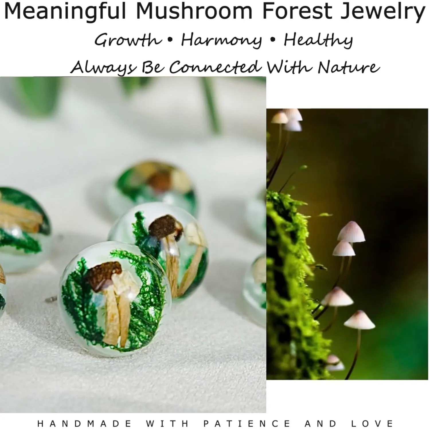 Unique Mushroom Forest Earrings Studs, Pressed Flower Earrings, Cute Resin Terrarium Moss Earrings Necklace Jewelry Set for Women Girls, Stainless Steel Hypoallergenic, Gift for Her Nature Lovers