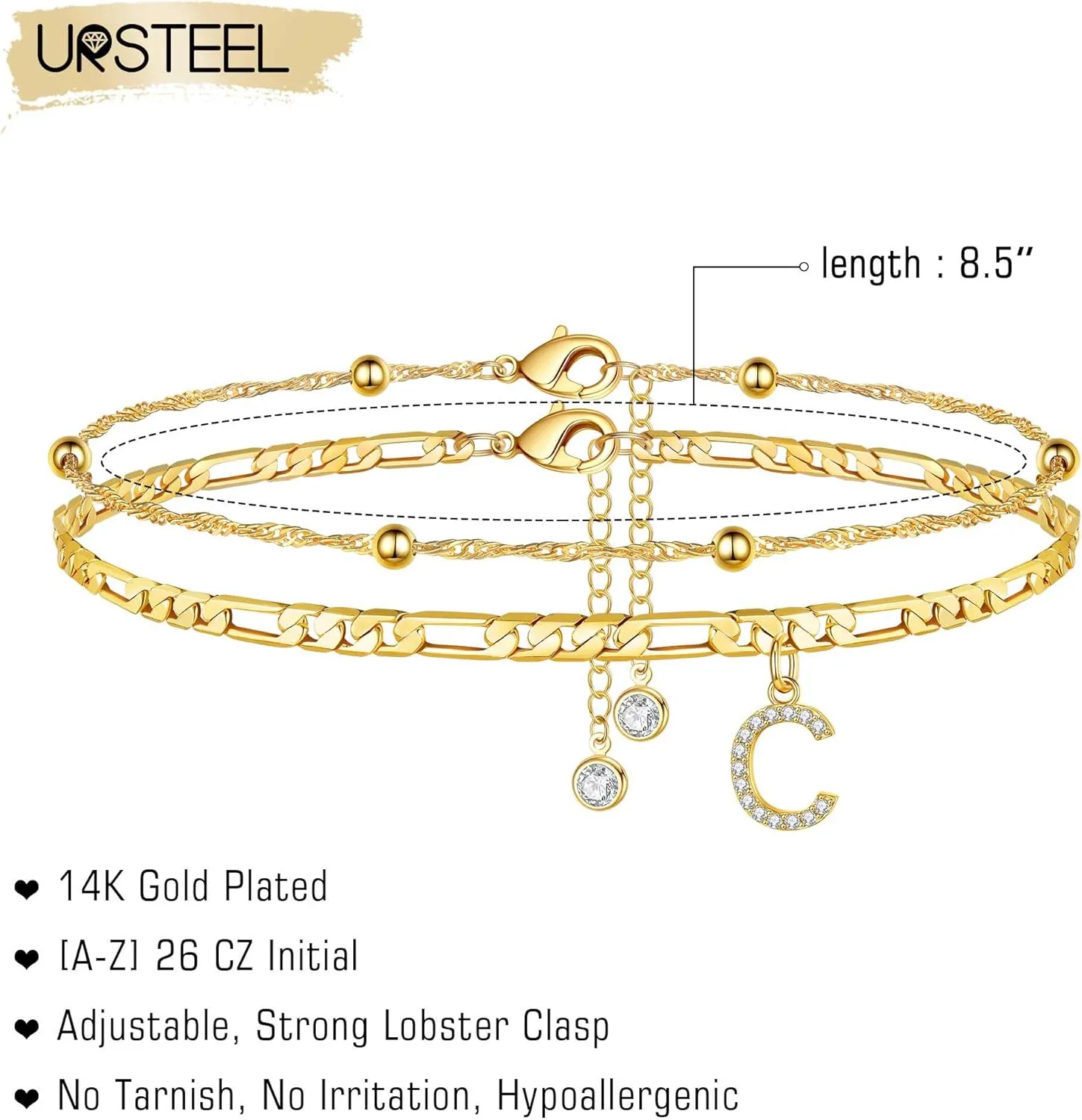 Ursteel Ankle Bracelets for Women, 14K Gold Plated Dainty Layered Chain CZ Initial Anklets Summer Jewelry Gifts for Women