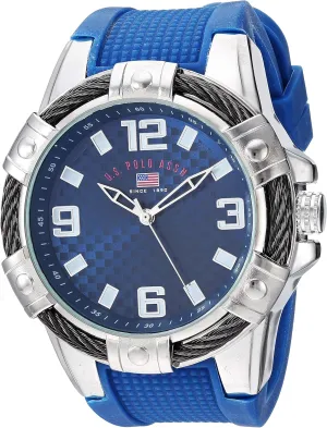 U.S. Polo Assn. Mens Sport Watch with Blue Textured Strap Large 52mm Case Silver-Tone Bezel and Carbon-Pattern Dial with Bold Numbers and Durable Rubber Band Fits Wrists 5.5"-8"