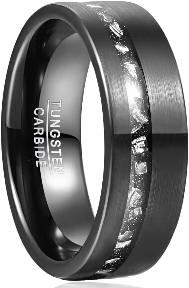 Vakki Tungsten Rings for Men Women Black 8mm Wedding Bands Gibeon Meteorite Inlay Brushed Finish Comfort Fit Size 6-13