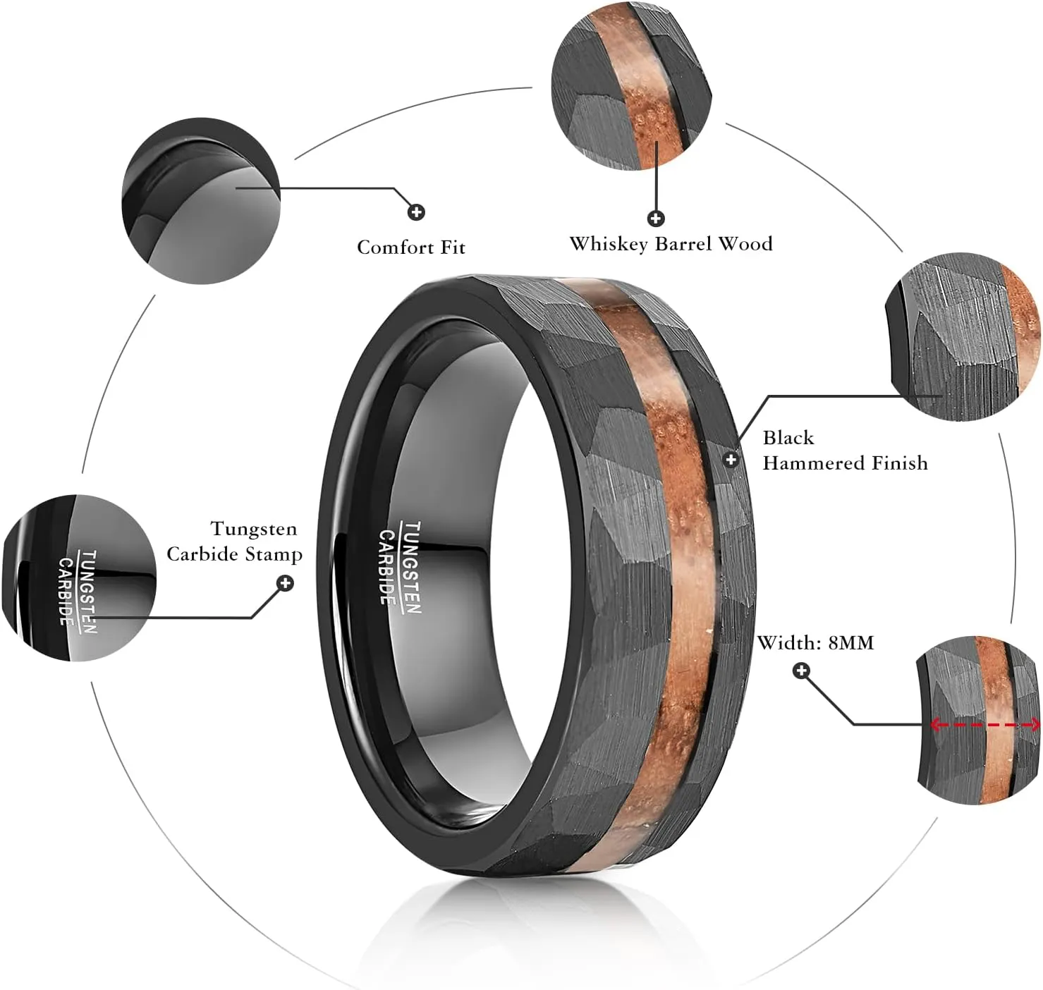 Vakki Tungsten Rings for Men Women Black 8mm Wedding Bands Gibeon Meteorite Inlay Brushed Finish Comfort Fit Size 6-13