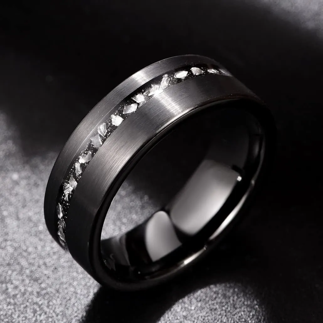 Vakki Tungsten Rings for Men Women Black 8mm Wedding Bands Gibeon Meteorite Inlay Brushed Finish Comfort Fit Size 6-13