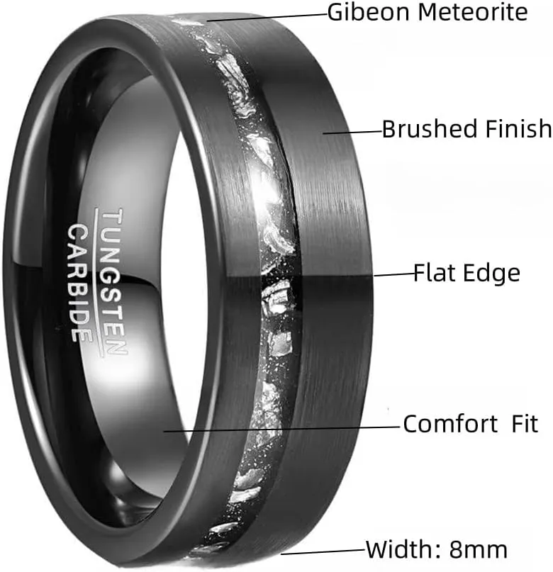 Vakki Tungsten Rings for Men Women Black 8mm Wedding Bands Gibeon Meteorite Inlay Brushed Finish Comfort Fit Size 6-13