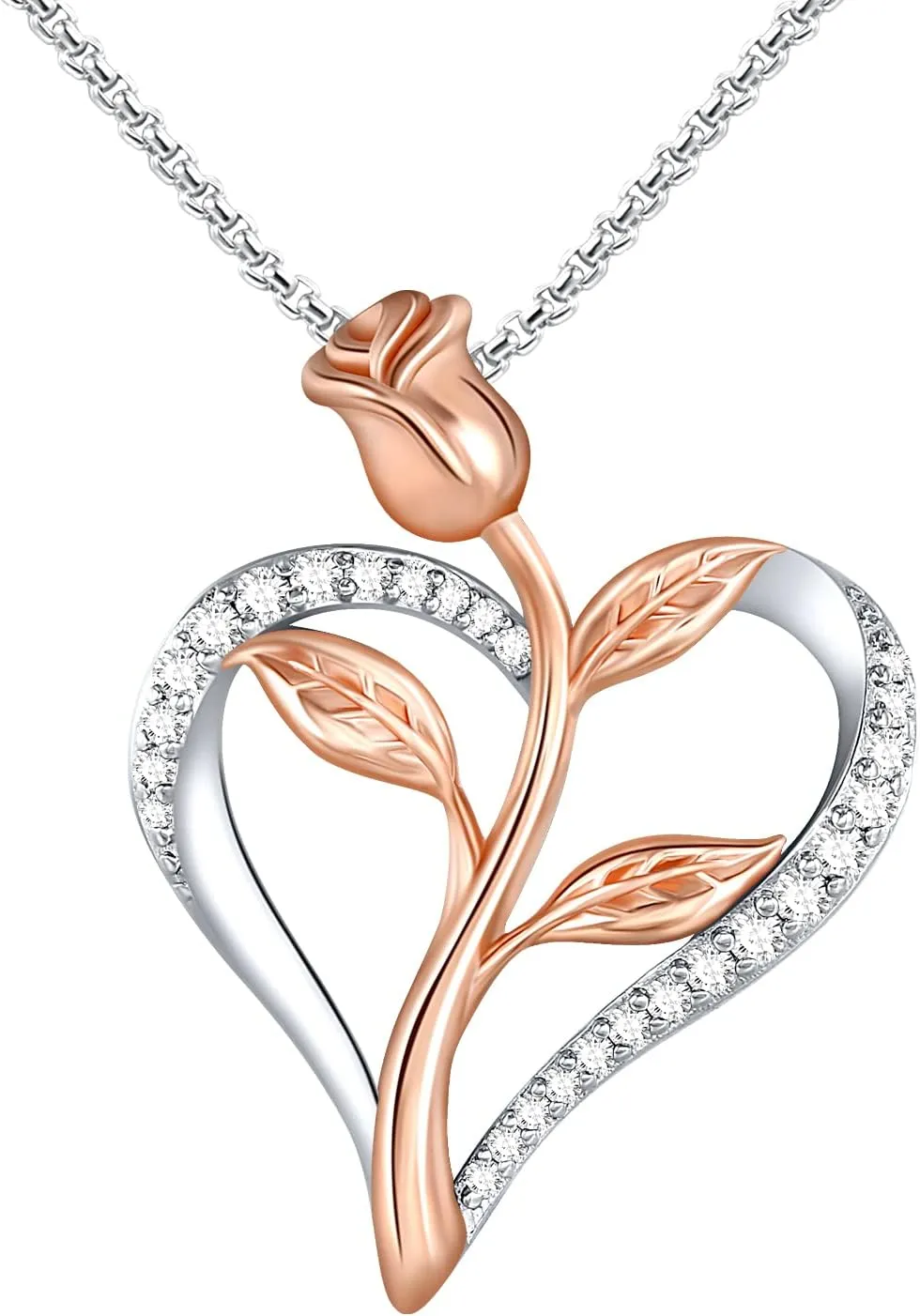 Valentines Gift Rose Necklace for Women Cubic Zirconia Love Heart Pendant Necklace, Silver & Rose Gold 2-Tone Rose Pendant with Jewelry Box Birthday Gifts for Her
