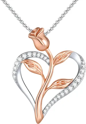 Valentines Gift Rose Necklace for Women Cubic Zirconia Love Heart Pendant Necklace, Silver & Rose Gold 2-Tone Rose Pendant with Jewelry Box Birthday Gifts for Her