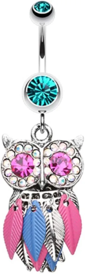 Vibrant Owl Feather Sparkle WildKlass Belly Button Ring