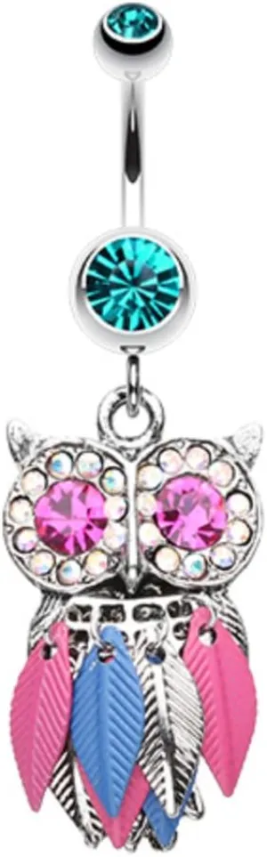 Vibrant Owl Feather Sparkle WildKlass Belly Button Ring