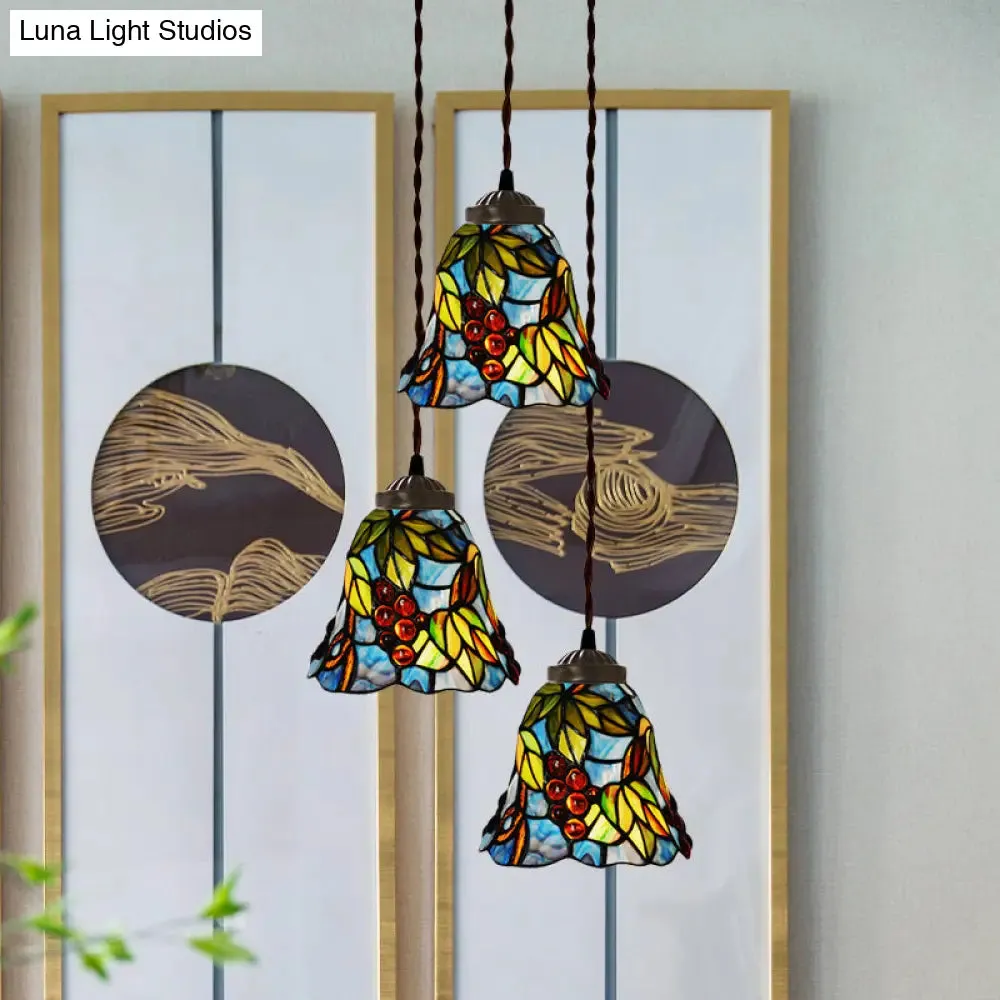 Victorian Hand Cut Glass Multi Pendant Light - Pink/Light Blue & White Bell/Bowl Drop, Floral/Fruit Pattern - 3 Heads