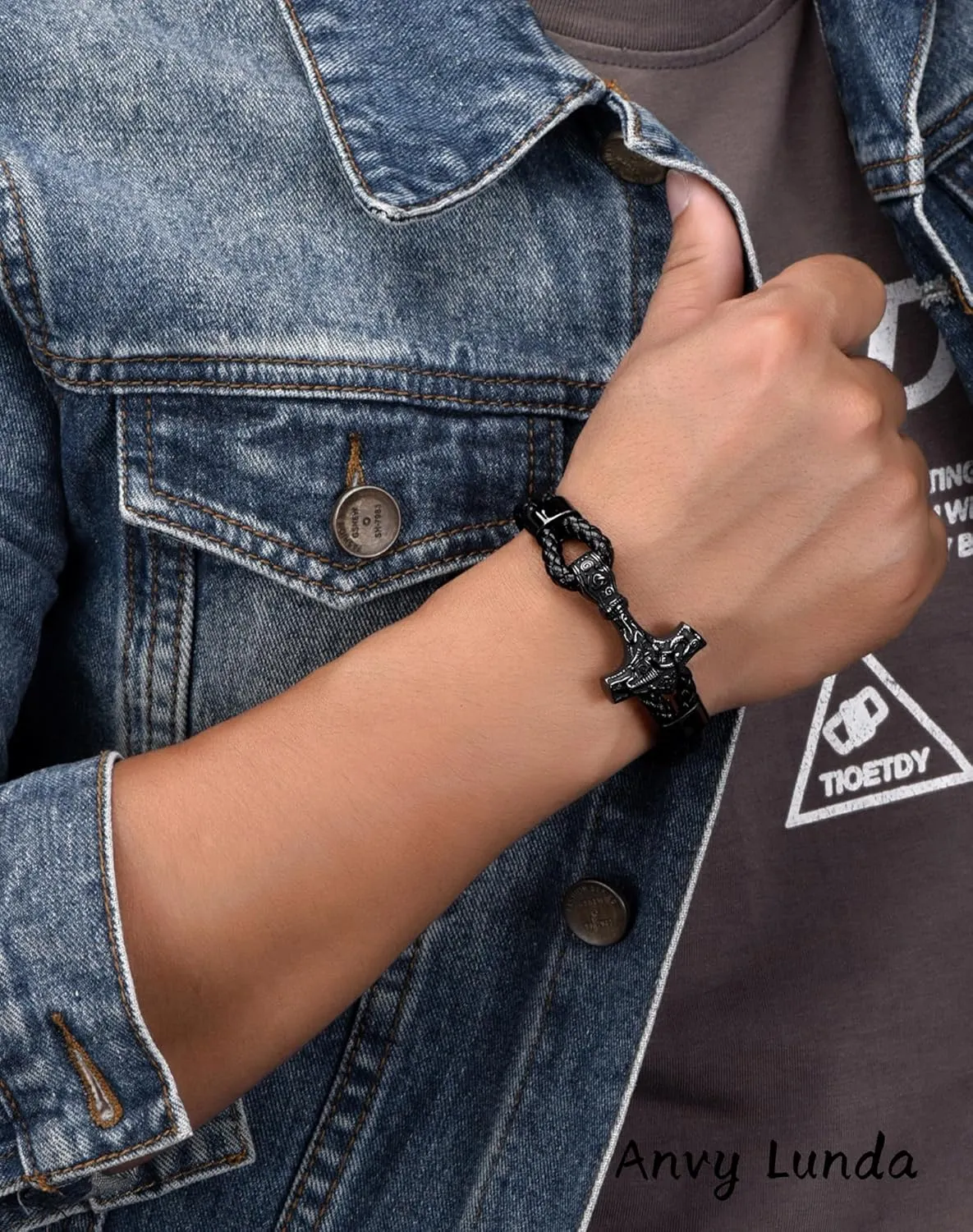 Viking Thors Hammer Mens Bracelet, 316L Stainless Steel Cuff Bracelets for Men, Braided Leather Punk Gothic Wristband Jewelry