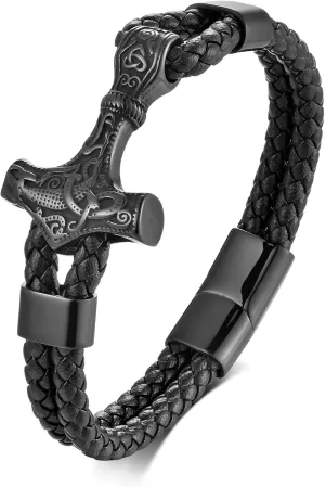 Viking Thors Hammer Mens Bracelet, 316L Stainless Steel Cuff Bracelets for Men, Braided Leather Punk Gothic Wristband Jewelry