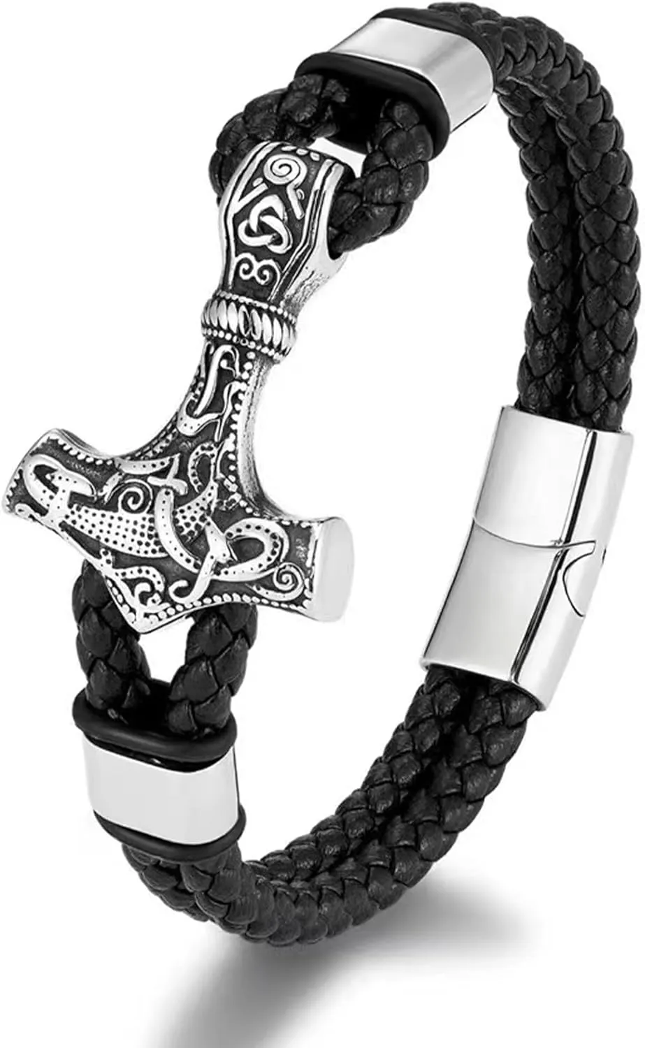 Viking Thors Hammer Mens Bracelet, 316L Stainless Steel Cuff Bracelets for Men, Braided Leather Punk Gothic Wristband Jewelry