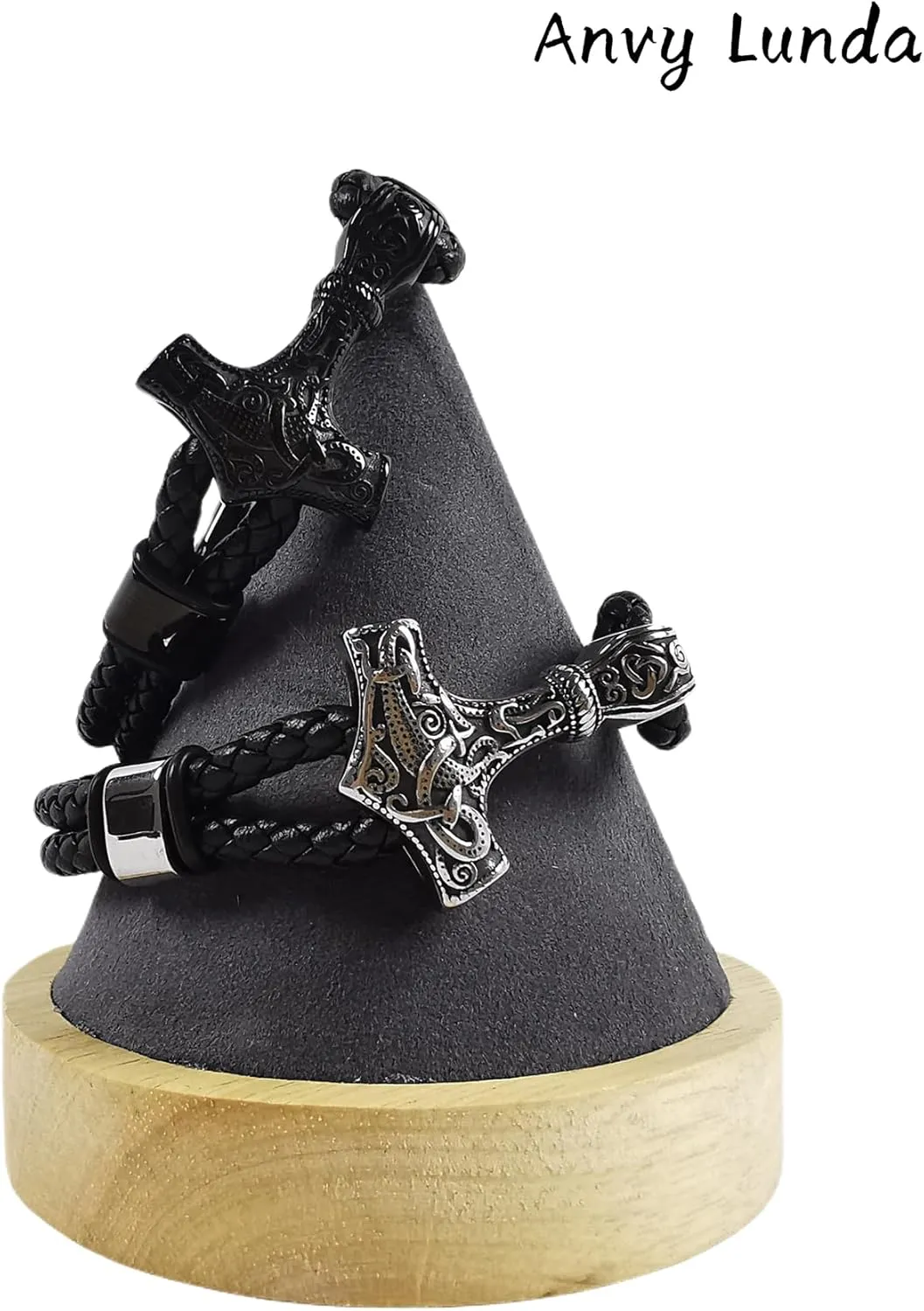 Viking Thors Hammer Mens Bracelet, 316L Stainless Steel Cuff Bracelets for Men, Braided Leather Punk Gothic Wristband Jewelry