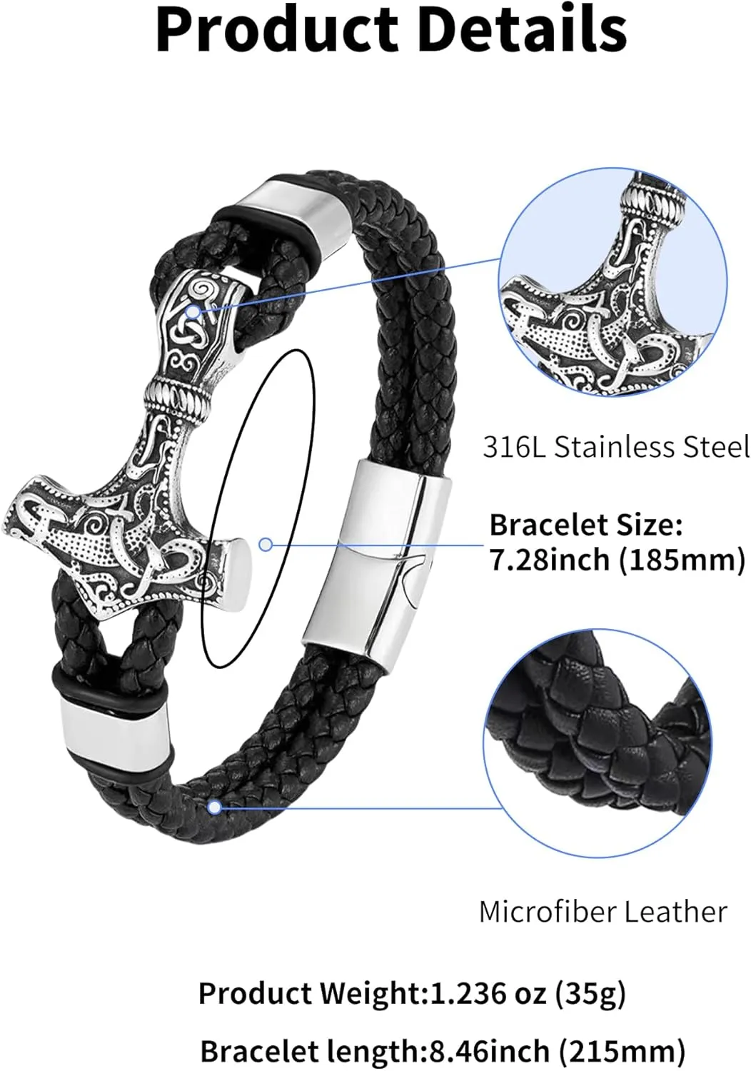 Viking Thors Hammer Mens Bracelet, 316L Stainless Steel Cuff Bracelets for Men, Braided Leather Punk Gothic Wristband Jewelry
