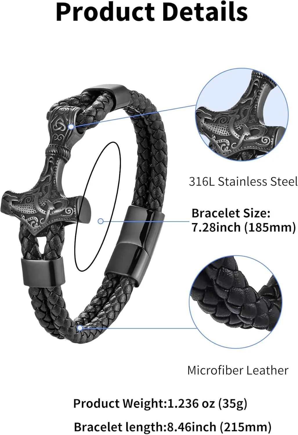 Viking Thors Hammer Mens Bracelet, 316L Stainless Steel Cuff Bracelets for Men, Braided Leather Punk Gothic Wristband Jewelry