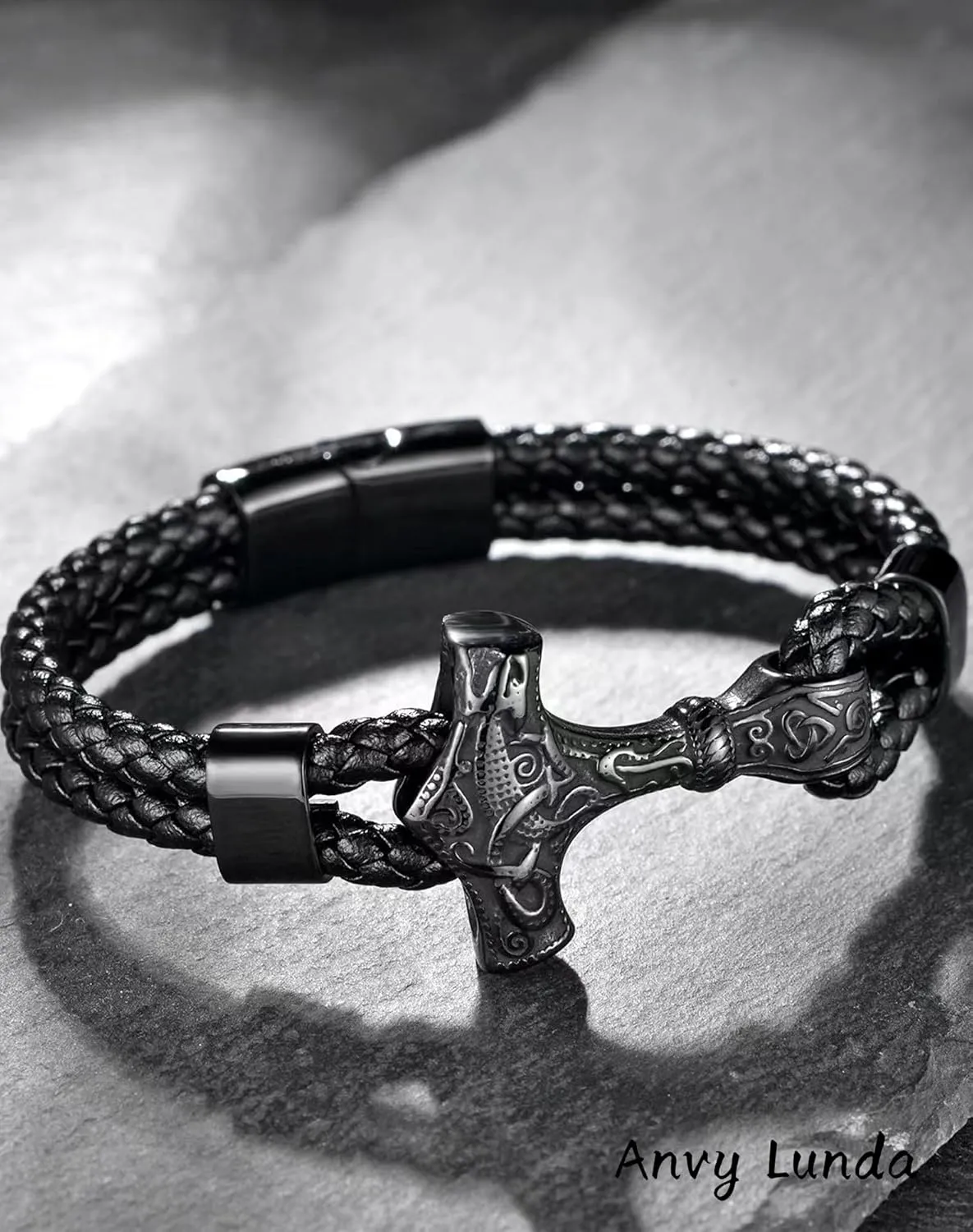 Viking Thors Hammer Mens Bracelet, 316L Stainless Steel Cuff Bracelets for Men, Braided Leather Punk Gothic Wristband Jewelry