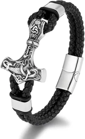 Viking Thors Hammer Mens Bracelet, 316L Stainless Steel Cuff Bracelets for Men, Braided Leather Punk Gothic Wristband Jewelry