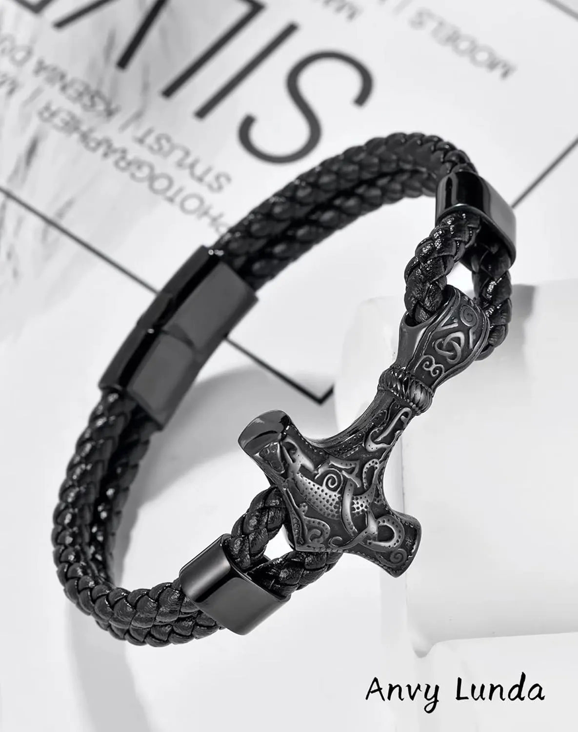 Viking Thors Hammer Mens Bracelet, 316L Stainless Steel Cuff Bracelets for Men, Braided Leather Punk Gothic Wristband Jewelry