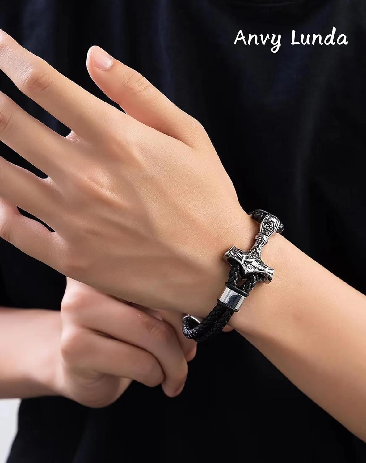 Viking Thors Hammer Mens Bracelet, 316L Stainless Steel Cuff Bracelets for Men, Braided Leather Punk Gothic Wristband Jewelry