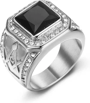 Vintage Black Onyx Gemstone Ring for Men,Stainless Steel Freemasonry Masonic Agate Ring Stone Signet Ring Unique Biker Stone Obsidian Diamond Ring Fashion Jewelry